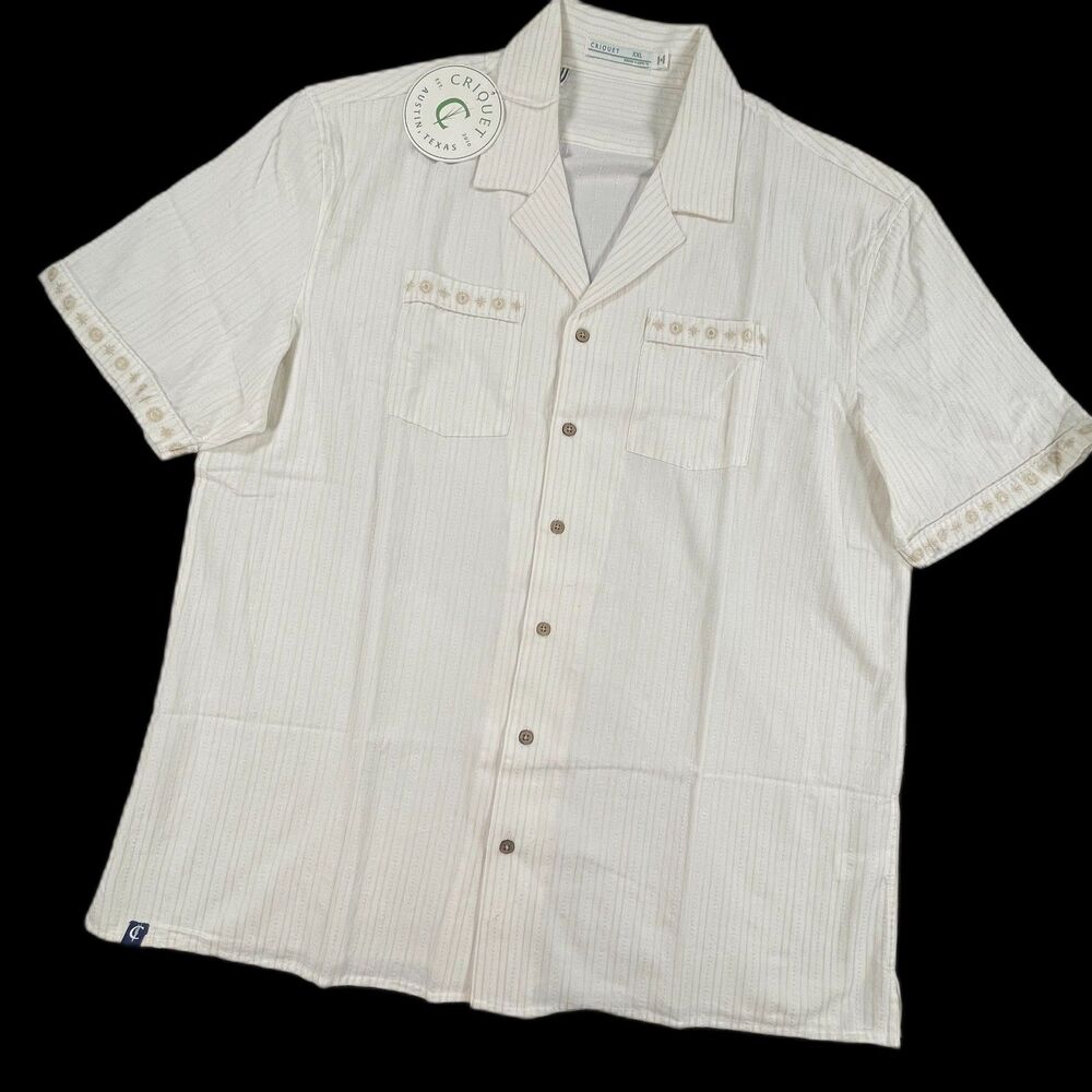 NWT Criquet XXL The Desi Embroidered White Linen Cotton Camp Guayabera Shirt 2XL